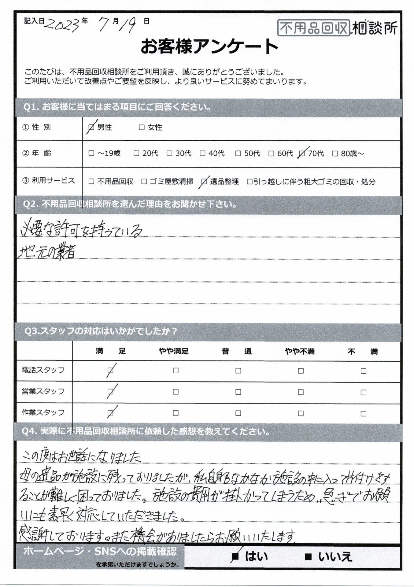 【飯石郡飯南町 N様】軽トラック1台分の遺品整理「急ぎでお願いにも、素早く対応していただきました。」