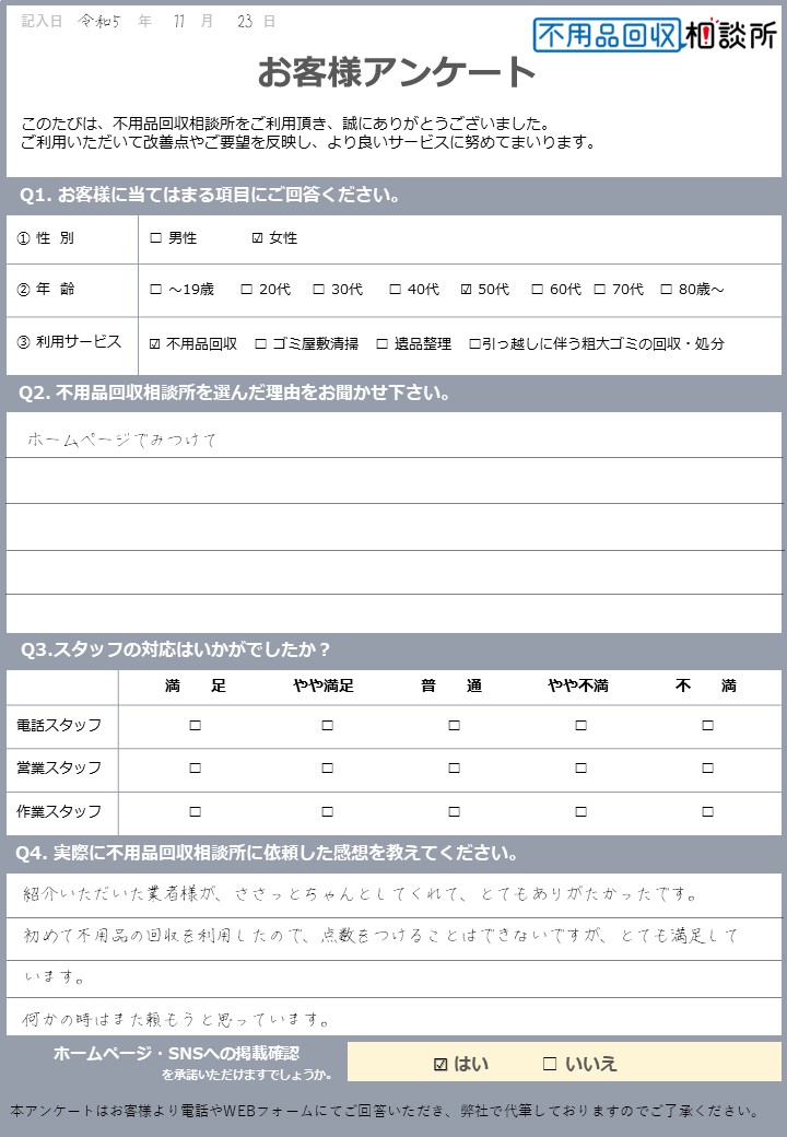 【大阪市福島区 T様】大型家具の片付けに伴う不用品回収「また頼もうと思っています」