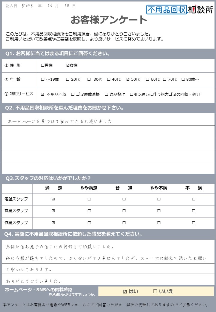 【京都市山科区 I様】一人暮らしの引っ越しに伴う不用品回収「スムーズに終えていただいた」