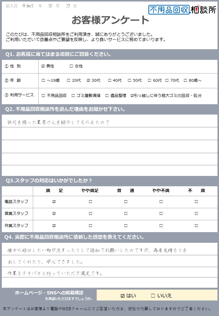 【京都市西京区 W様】新築住宅への引っ越しに伴う不用品回収「テキパキと行っていただき満足」