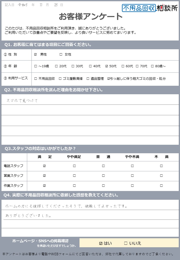 【広島市西区 E様】老人ホームの退去に伴う不用品回収「スムーズに終わってよかった」