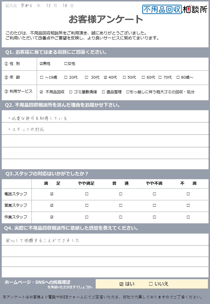 【大阪市西区 H様】冷蔵庫の処分に伴う不用品回収「臨機応変に対応いただき、ありがとうございました。」